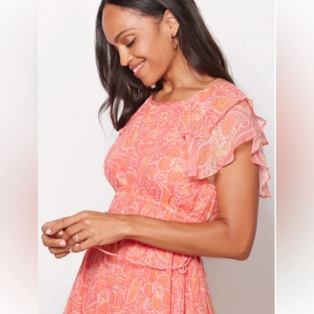 Cleobella Hannah Cutout Tiered Ruffle Maxi Dress Coral Blossom M Romantic NEW - Picture 5 of 16